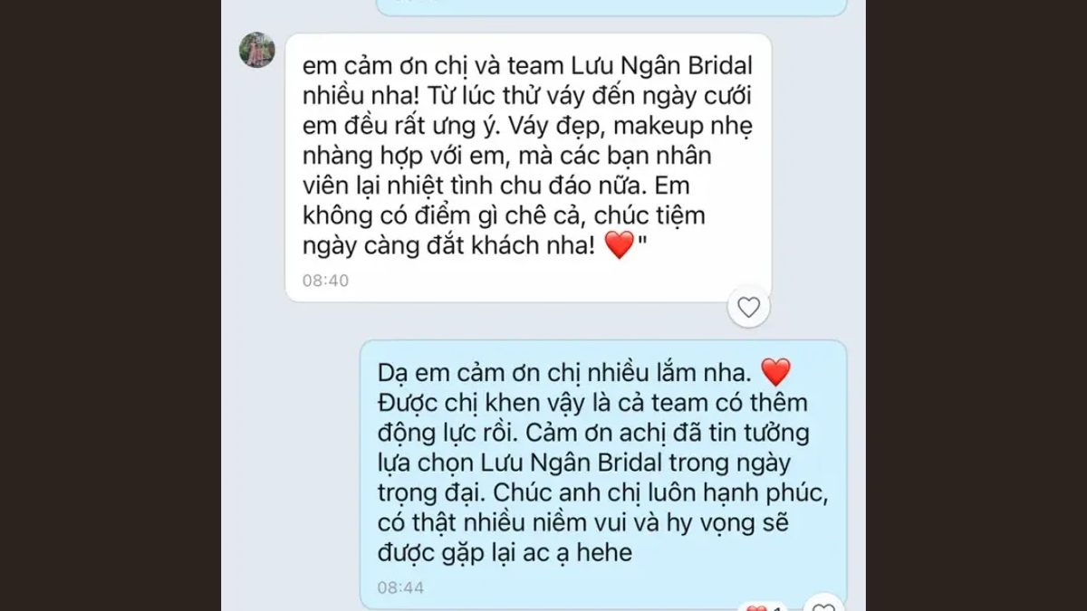 Tin nhắn thật cô dâu gửi LƯU NGÂN BRIDAL sau ngày cưới