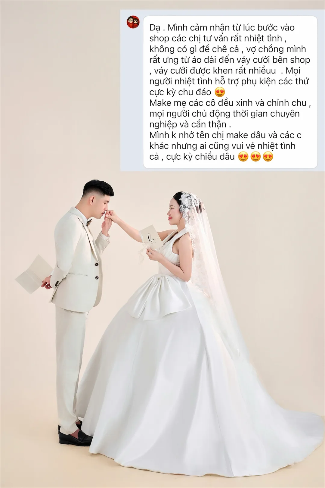 Feedback khách hàng gửi LƯU NGÂN BRIDAL (Váy cưới, áo dài & makeup): “…vợ chồng mình rất ưng từ áo dài đến váy cưới bên shop, váy cưới được khen rất nhiềuu.”