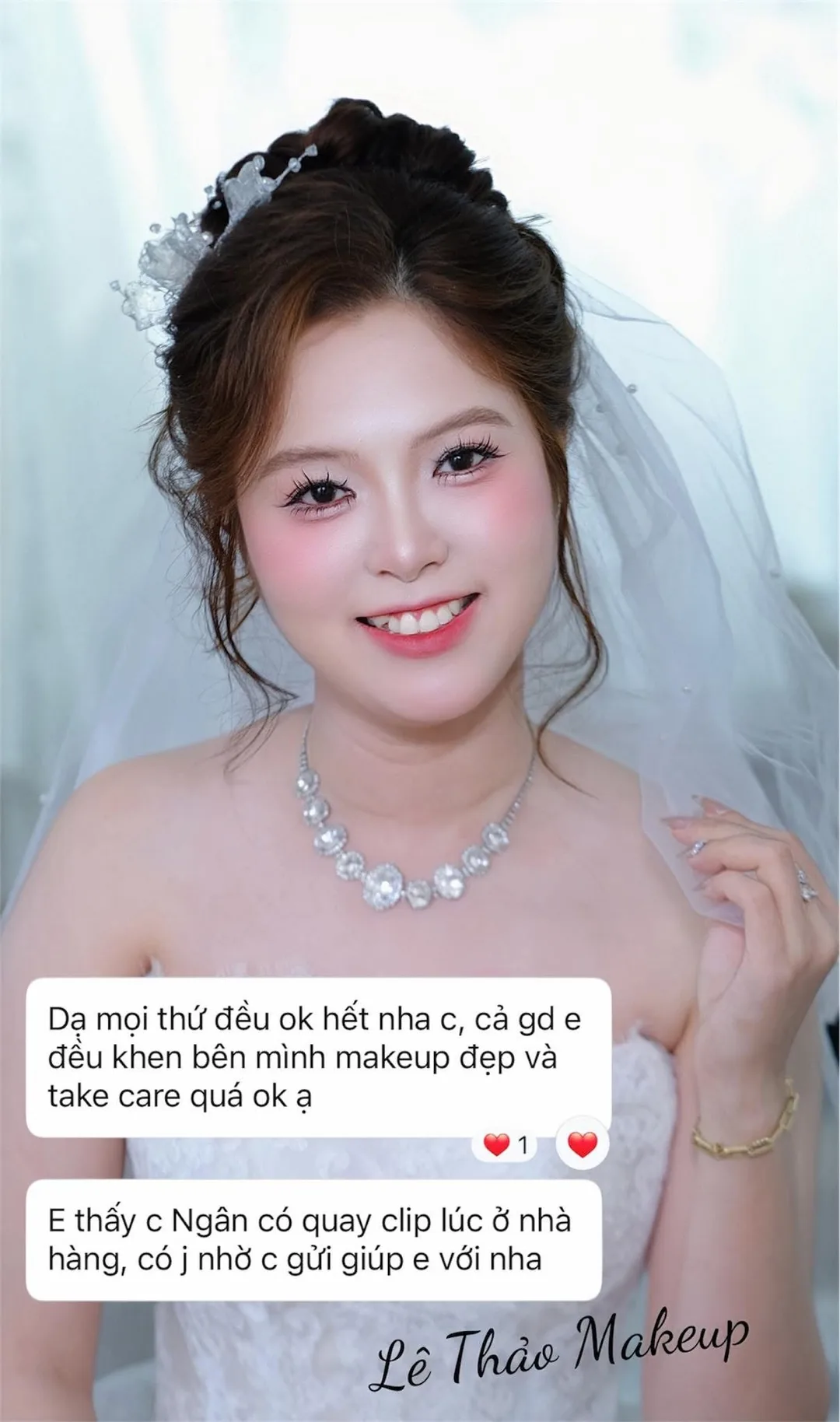 Feedback khách hàng gửi LƯU NGÂN BRIDAL (Makeup cô dâu): “Dạ mọi thứ đều ok hết nha c, cả gd e đều khen bên mình makeup đẹp và take care quá ok ạ”