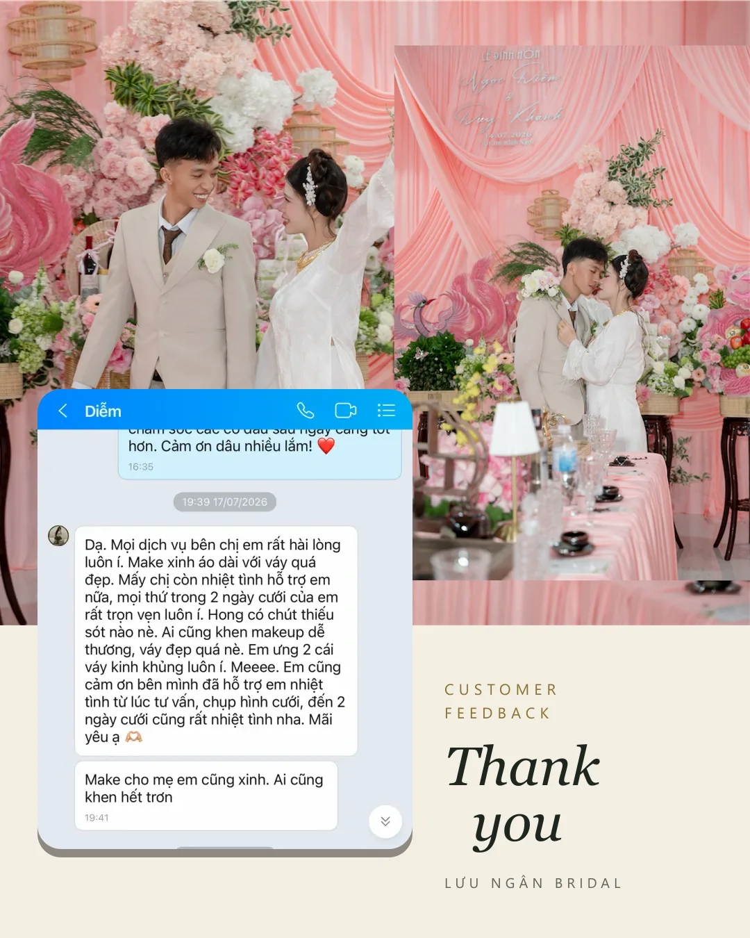 Feedback khách hàng gửi LƯU NGÂN BRIDAL (Chụp ảnh cưới + 2 ngày cưới): “…mọi thứ trong 2 ngày cưới của em rất trọn vẹn luôn í.”