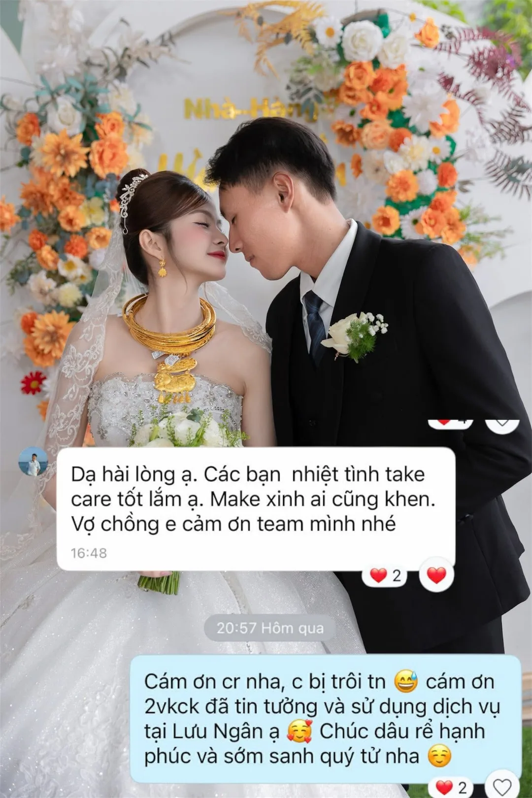 Feedback khách hàng gửi LƯU NGÂN BRIDAL (Makeup cô dâu): “Make xinh ai cũng khen. Vợ chồng e cảm ơn team mình nhé”