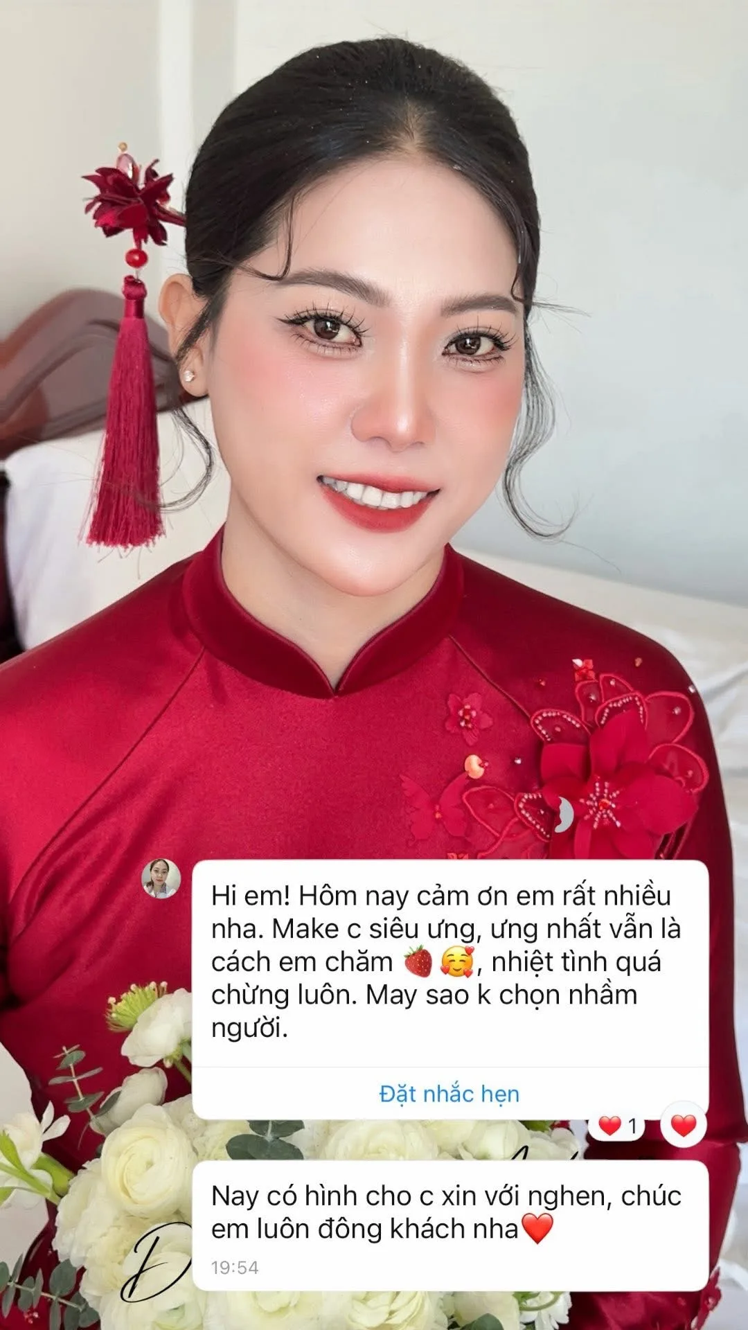 Feedback khách hàng gửi LƯU NGÂN BRIDAL (Makeup cô dâu): “Make c siêu ưng, ưng nhất vẫn là cách em chăm… May sao k chọn nhầm người.”