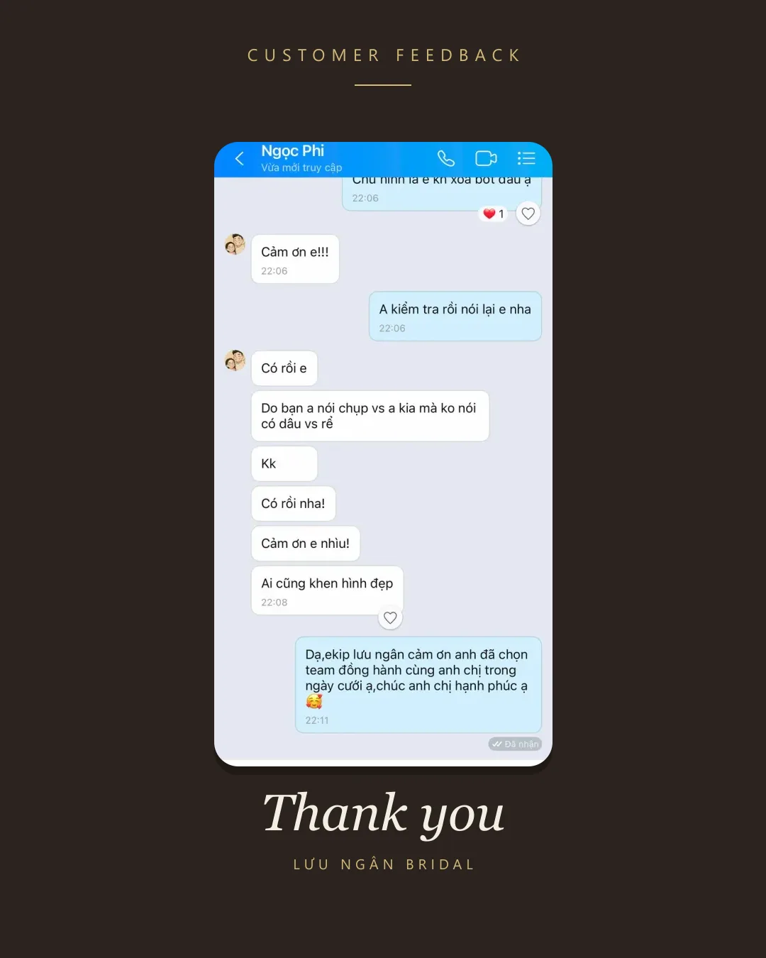Feedback khách hàng gửi LƯU NGÂN BRIDAL (Chụp ảnh cưới): “Ai cũng khen hình đẹp”