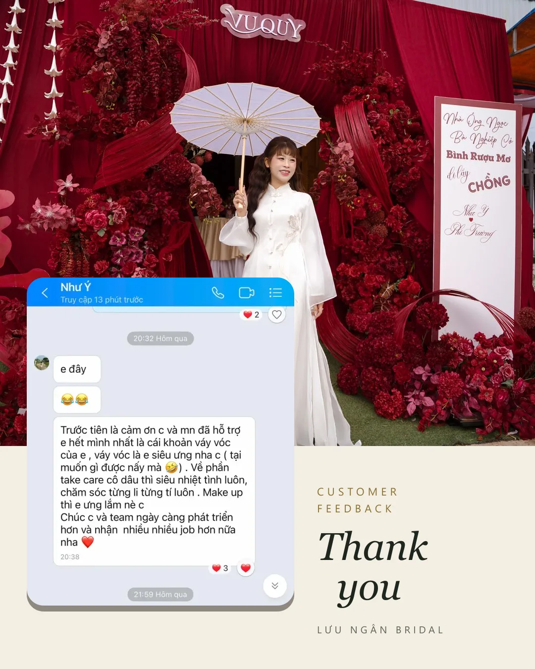 Feedback khách hàng gửi LƯU NGÂN BRIDAL (Váy cưới & makeup): “Về phần take care cô dâu thì siêu nhiệt tình luôn, chăm sóc từng li từng tí luôn.”