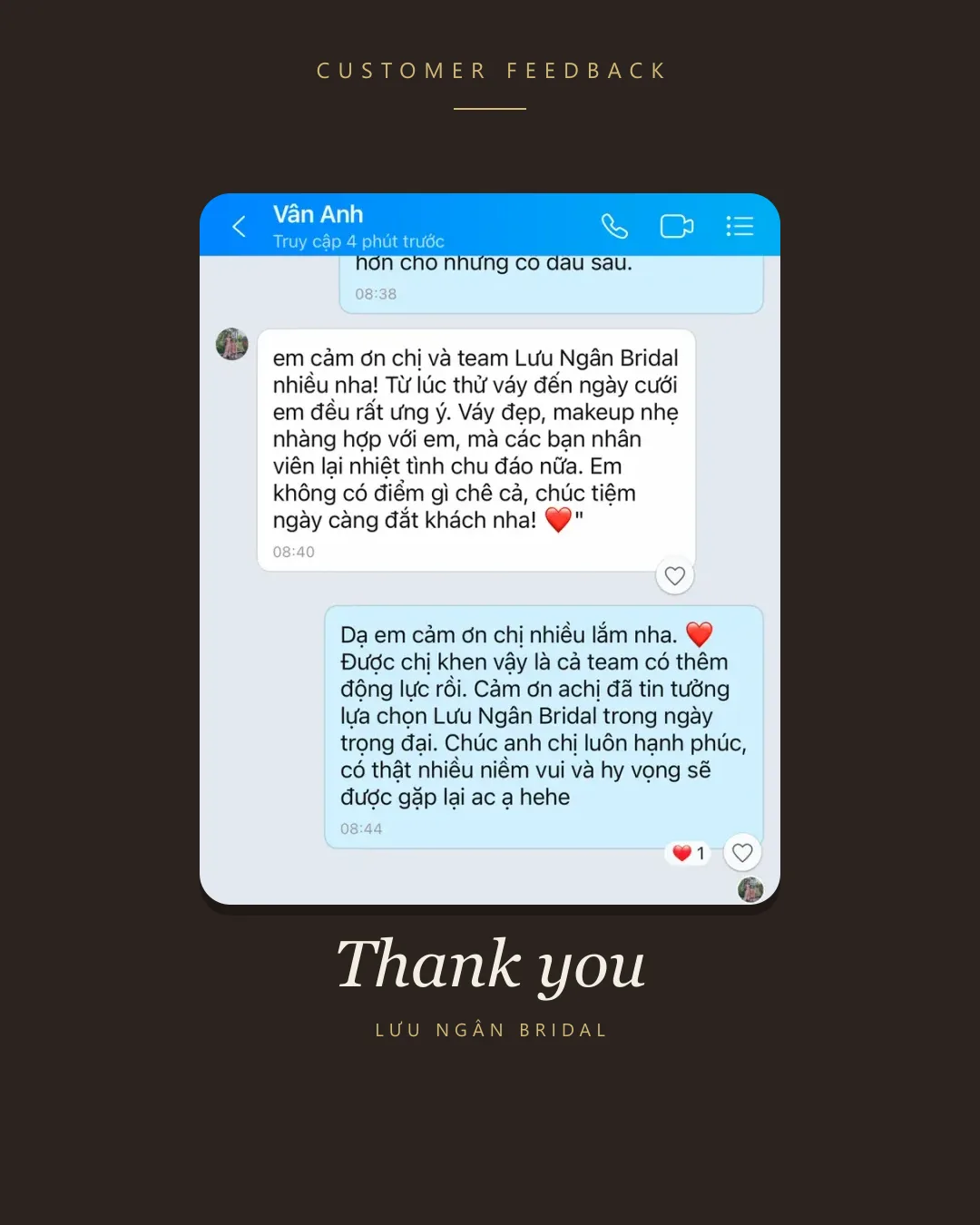 Feedback khách hàng gửi LƯU NGÂN BRIDAL (Váy cưới & makeup): “Từ lúc thử váy đến ngày cưới em đều rất ưng ý.”
